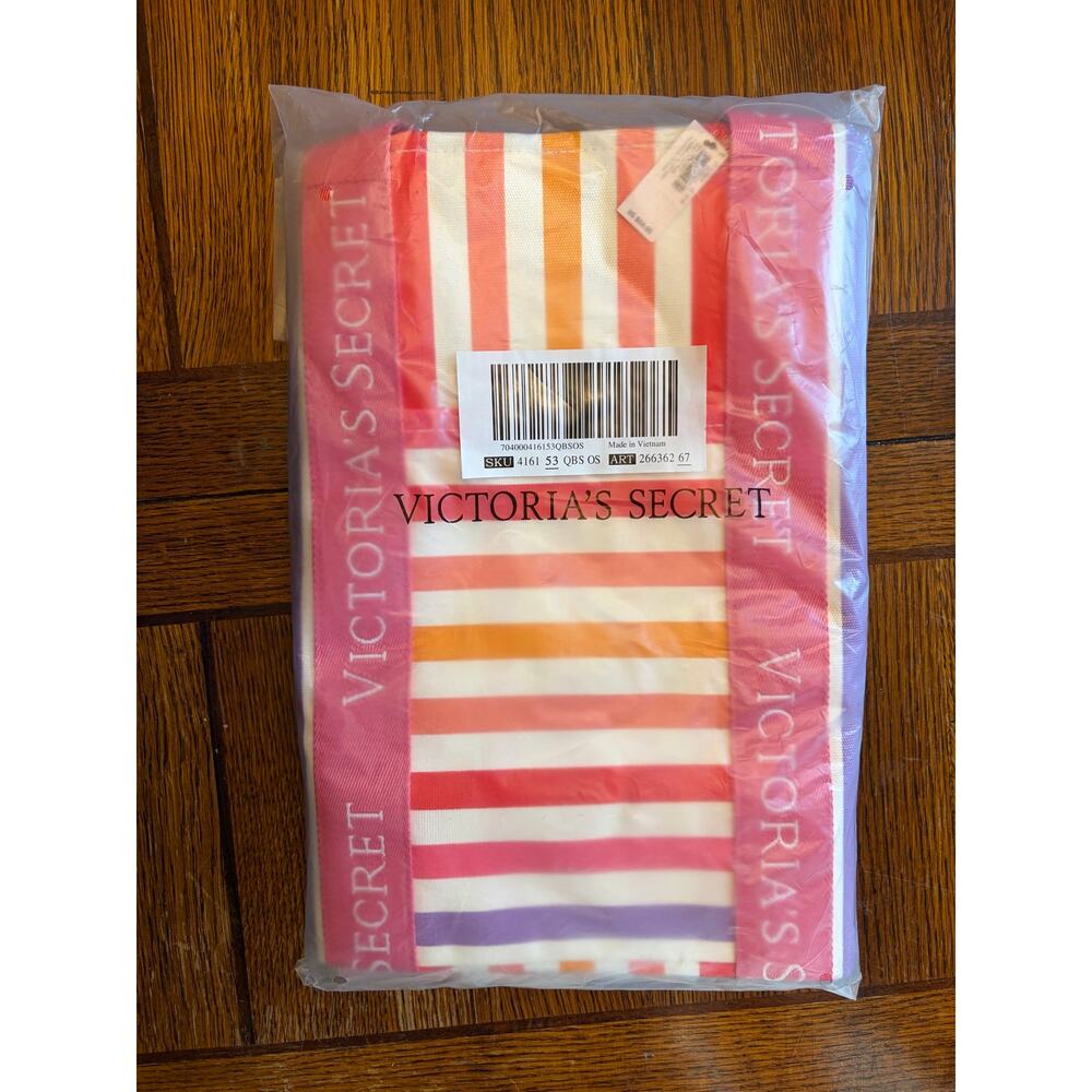 NWT Victoria's Secret Multicolor Striped Canvas Beach Tote Bag Large Summer - Picture 7 of 10